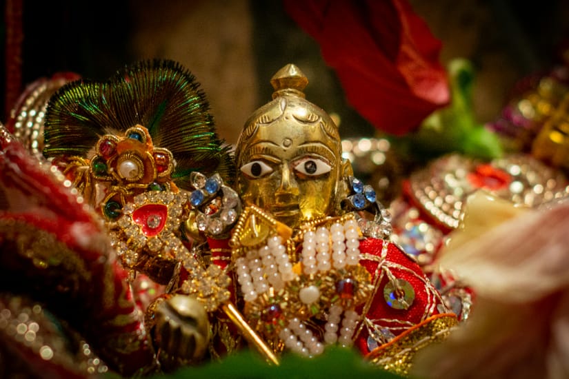 Decorated idol of Lord Krishna adorned with flowers and traditional ornaments for Janmashtami celebrations in Udaipur