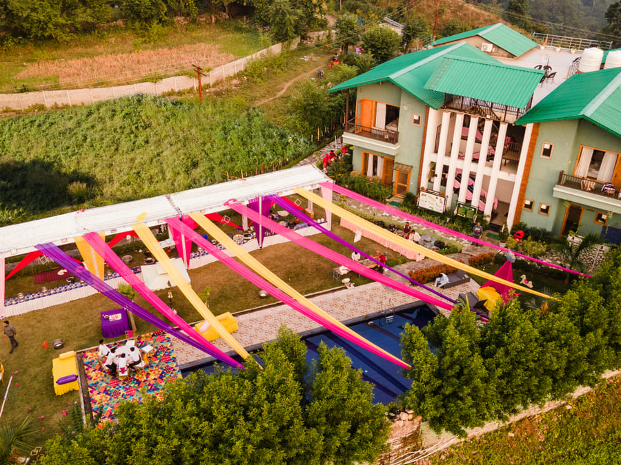 Aerial of decorated lawn at Corbett Nirvana Resort