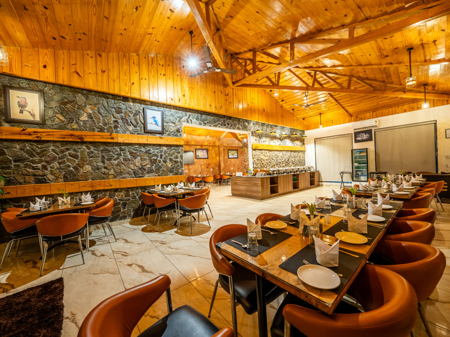Dining hall with long tables