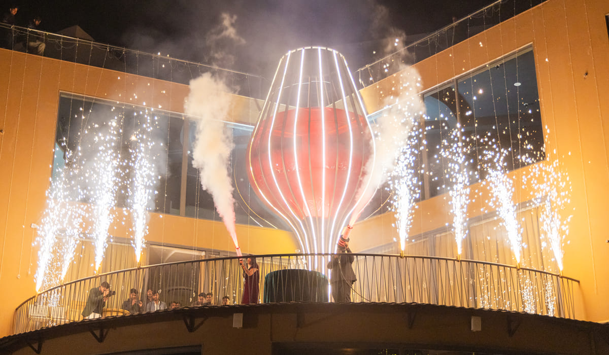 Fireworks lighting up the night sky in front of The Qualia Resort Club and Brewery, Udaipur