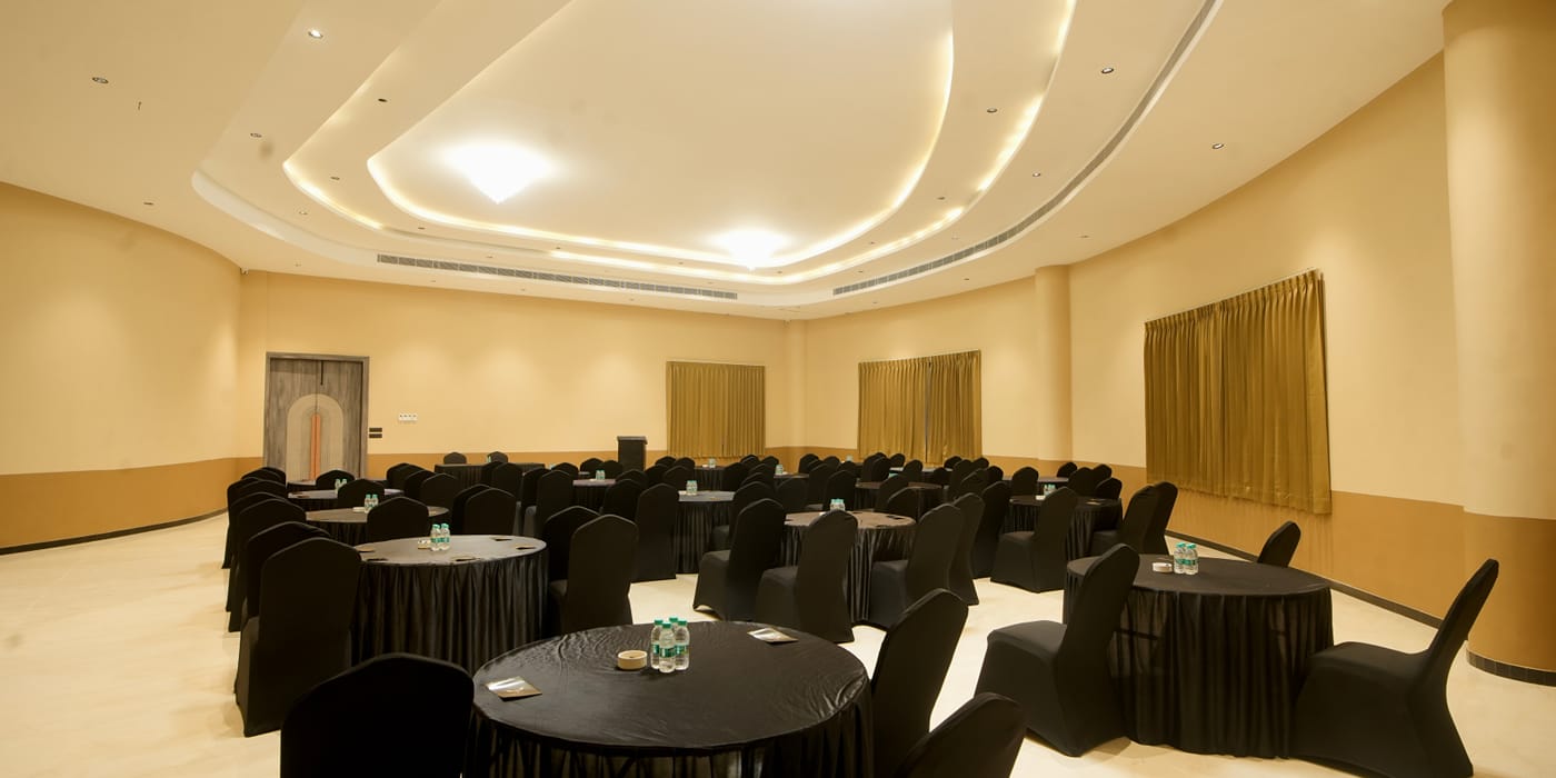 Conference hall setup at The Qualia Resort Club and Brewery, Udaipur