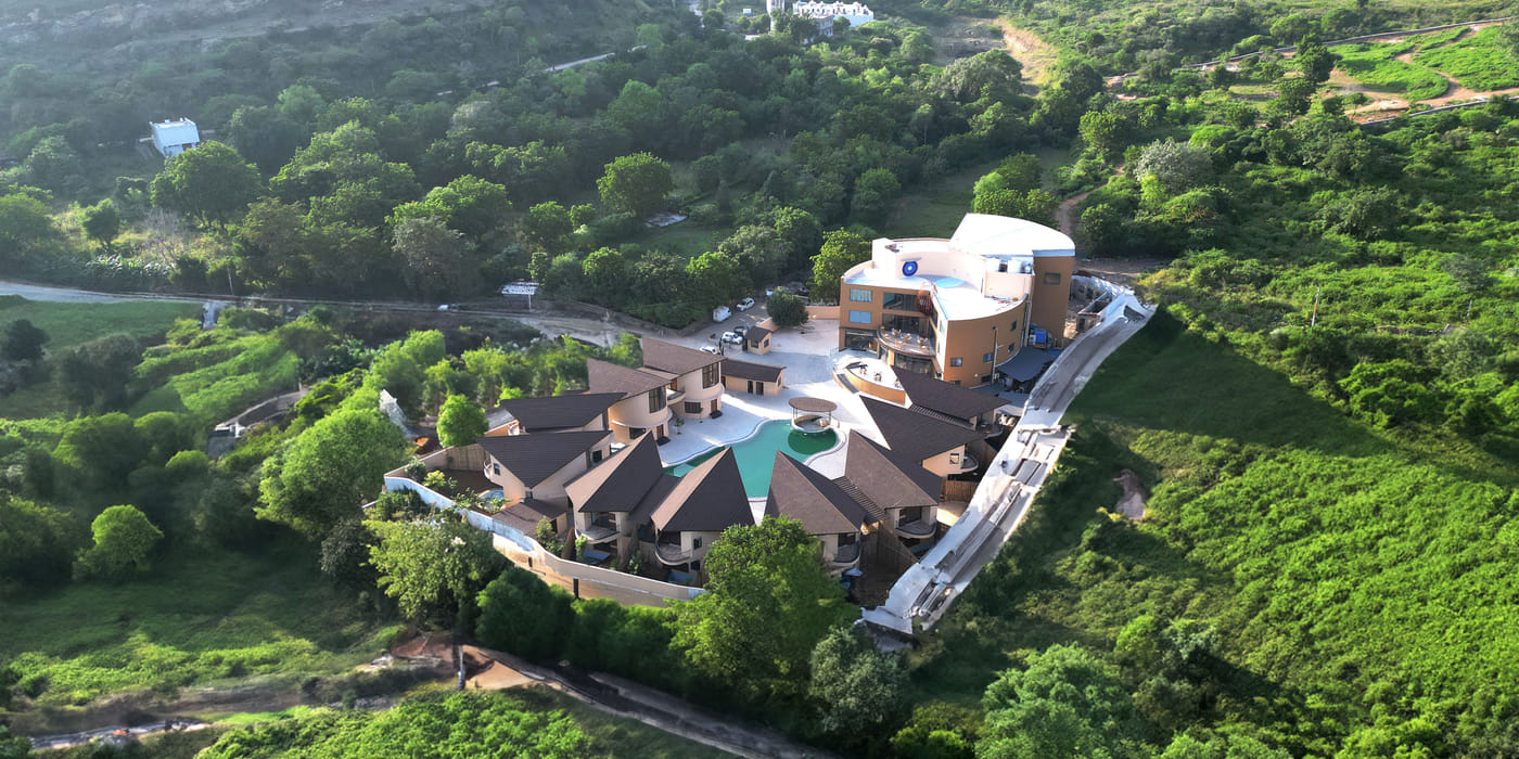 Exterior facade and grounds at The Qualia Resort Club & Brewery, Debari, Udaipur