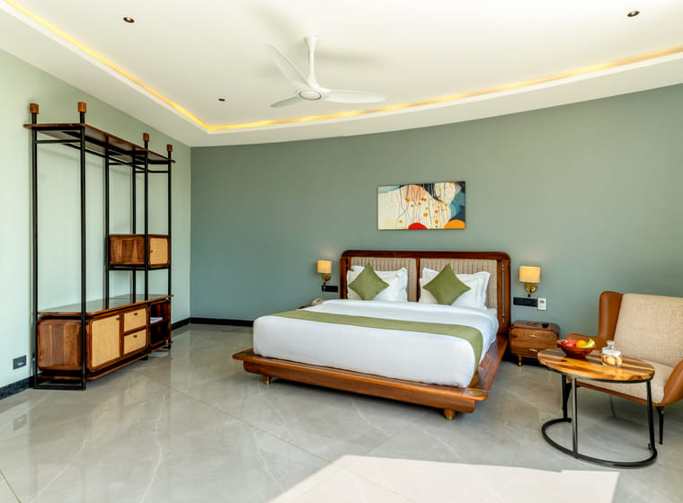 Pool-view room interior at The Qualia Resort, Udaipur