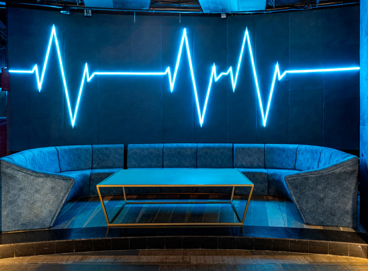 Booth seating at The Verve nightclub, The Qualia, Udaipur