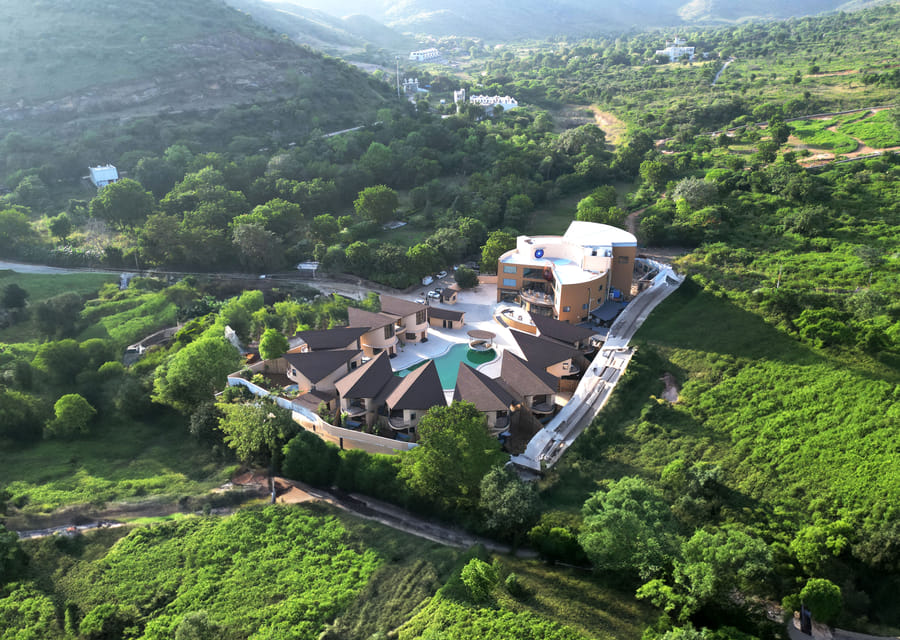 Aerial view of The Qualia Resort in the Aravalli hills, Udaipur