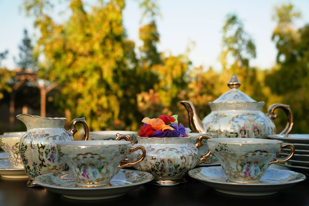 Floral porcelain tea set with cups and a teapot laid outdoors against sunlit trees