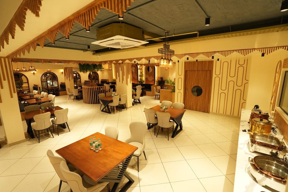 The full Golden Garnish dining room laid for service, with the buffet counter along one side