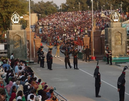 The evening flag ceremony at the Attari-Wagah border outside Amritsar, guards on the road and crowds filling both stands