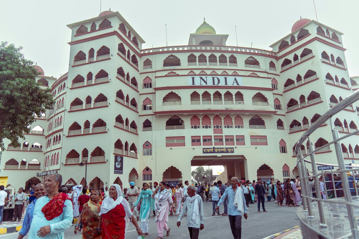 The Attari-Wagah border gate outside Amritsar, lettered INDIA above the arch