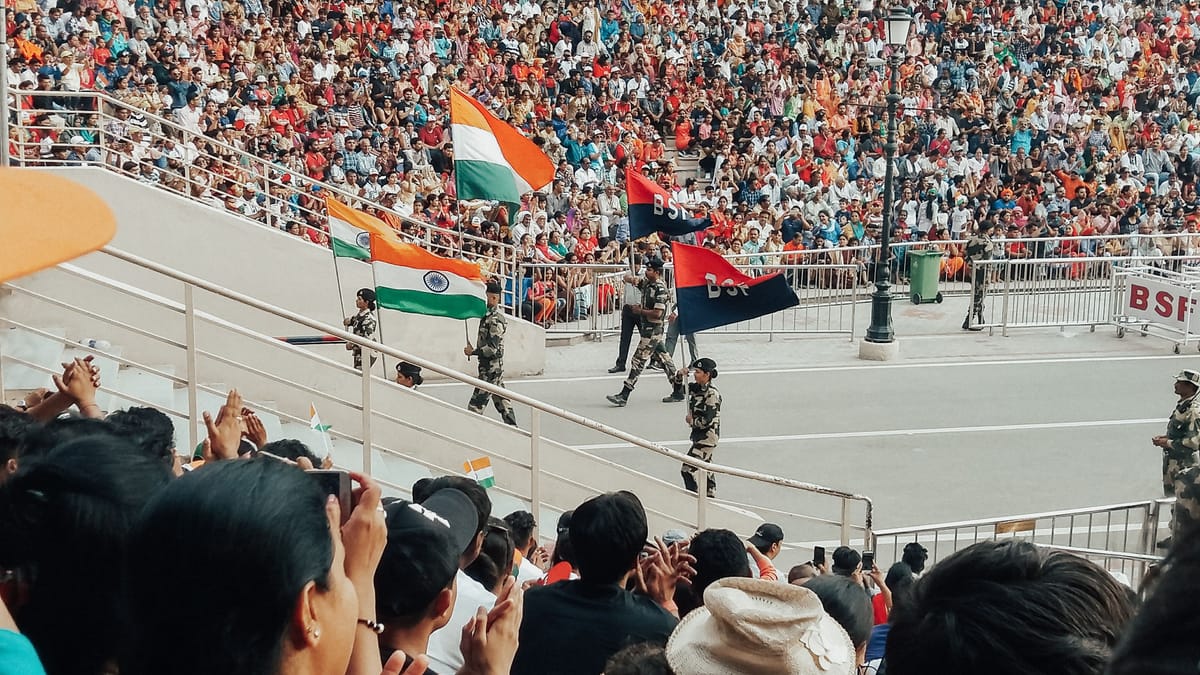 The evening flag ceremony at the Attari-Wagah border outside Amritsar, with soldiers on the road