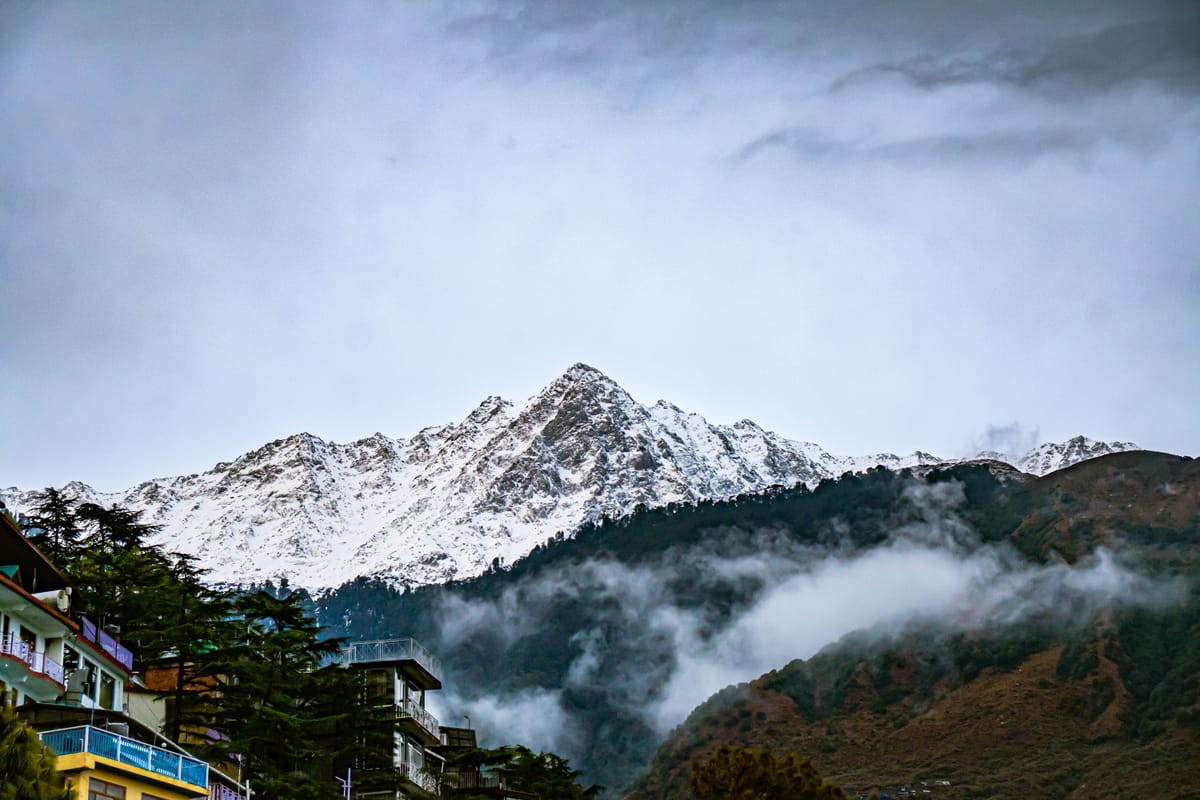 A snow-capped Dhauladhar peak rising above the cloud and the hillside houses of Dharamshala on the slopes beneath it below