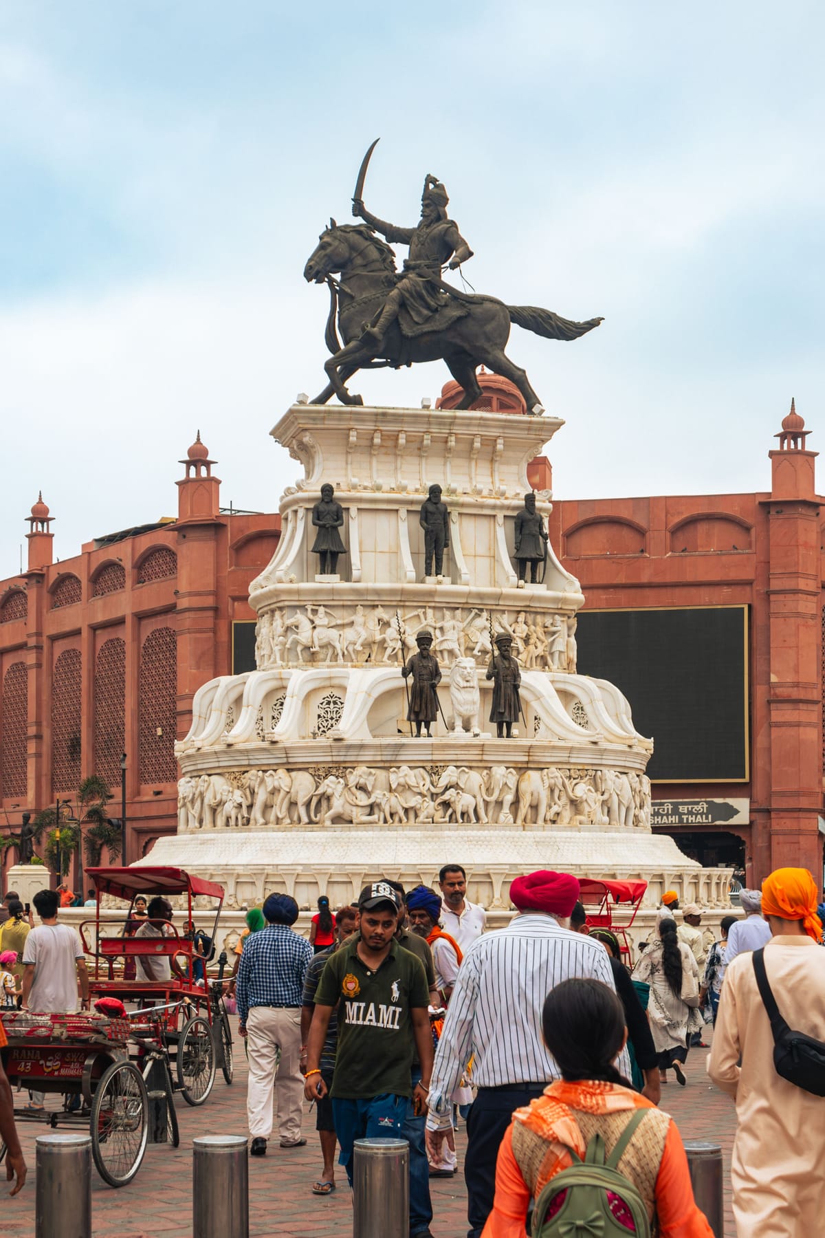 The equestrian statue of Maharaja Ranjit Singh on its carved plinth outside the war museum in Amritsar