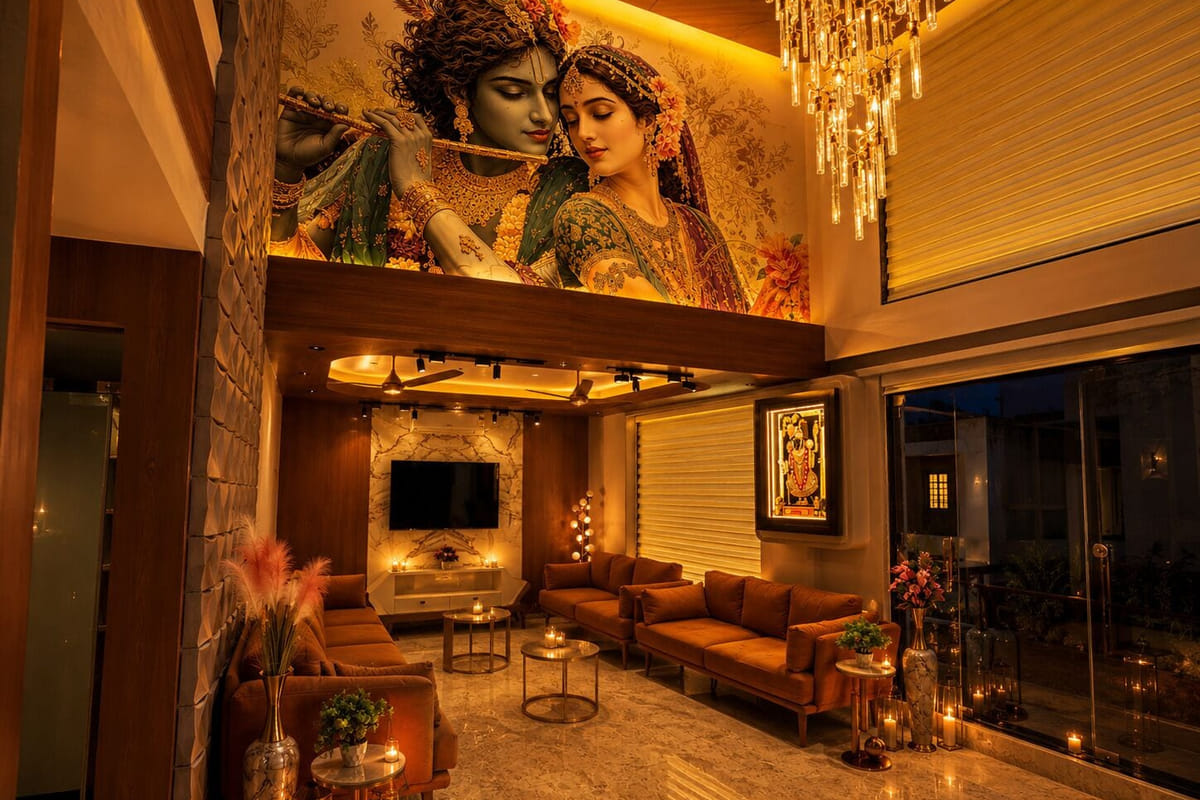 The lobby lounge at Hotel Shree Radhe By White Panda, with orange sofas and a chandelier