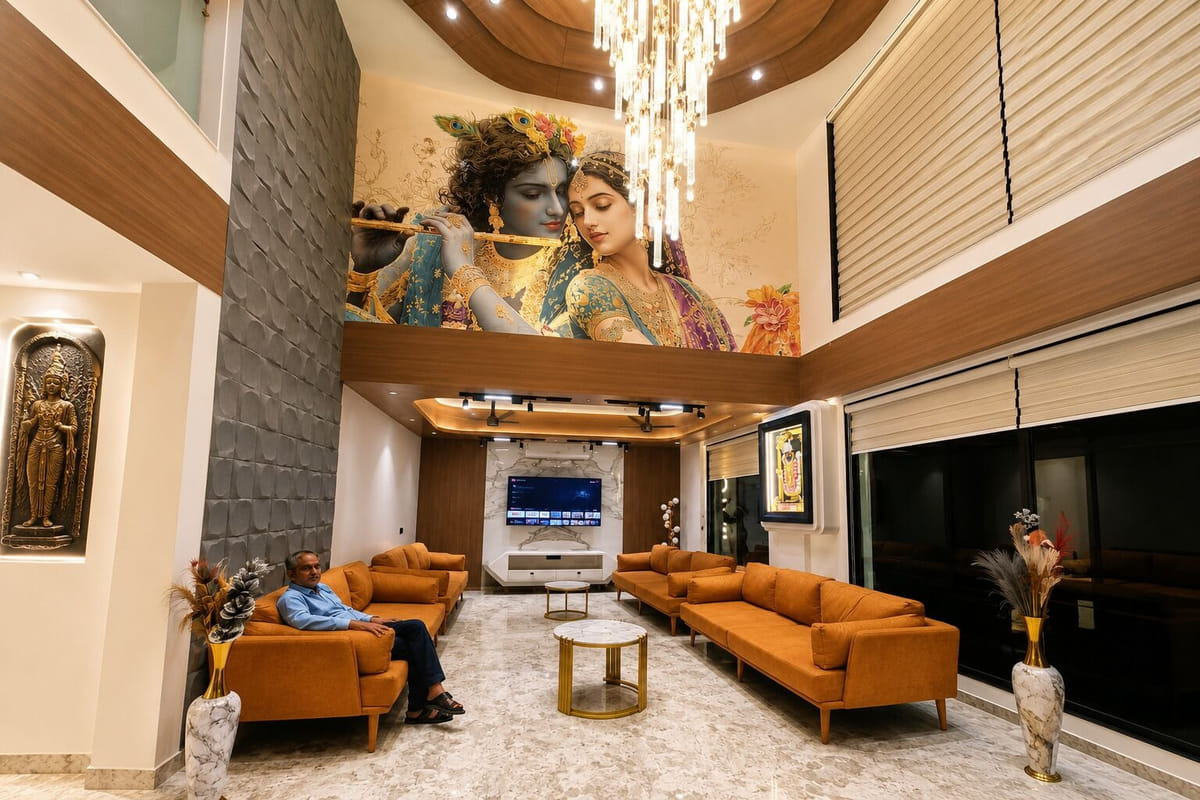 The lobby at Hotel Shree Radhe By White Panda, with orange sofas set around low tables, chandeliers overhead