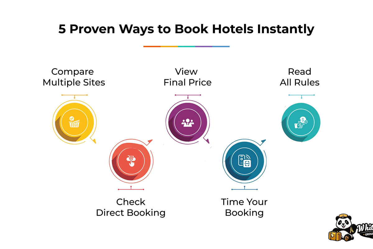 Infographic, 5 Proven Ways to Book Hotels Instantly: compare sites, check direct booking, view final price, read rules