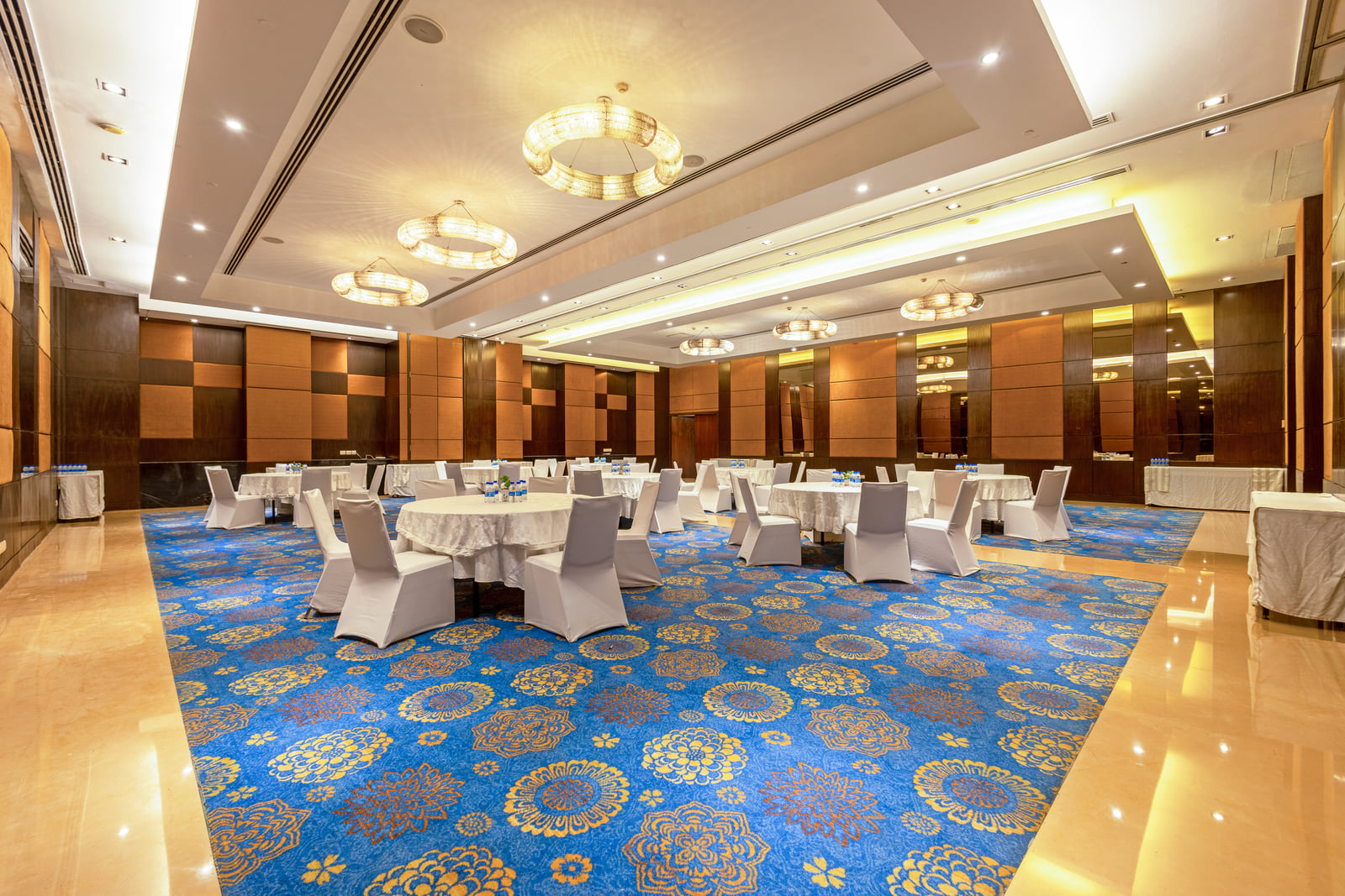 A banquet hall set for an event