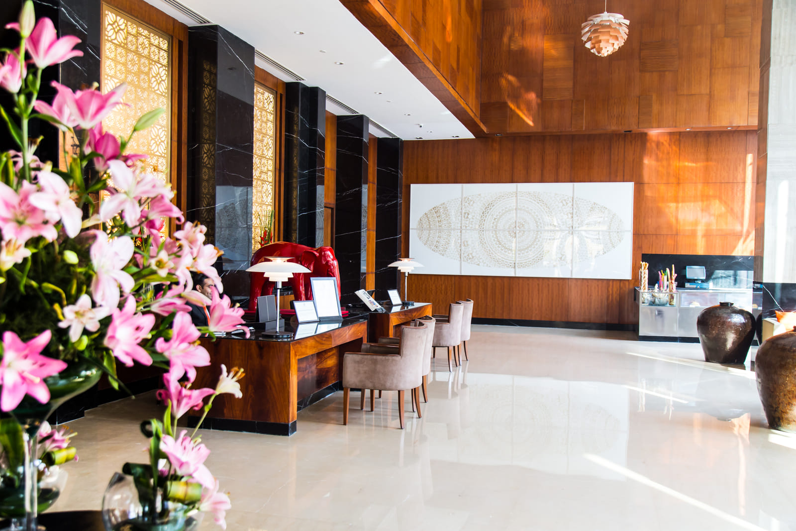An elegant, warmly lit Hans hotel interior