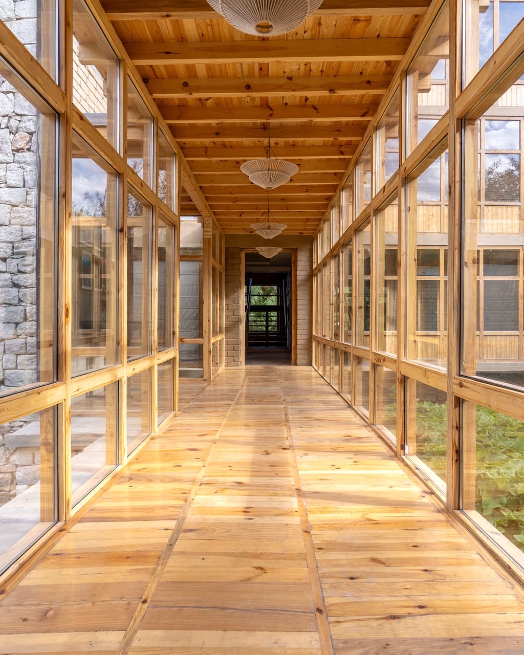 Corridor with wooden ceiling