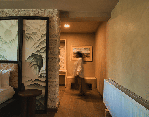 Hallway with mountain mural