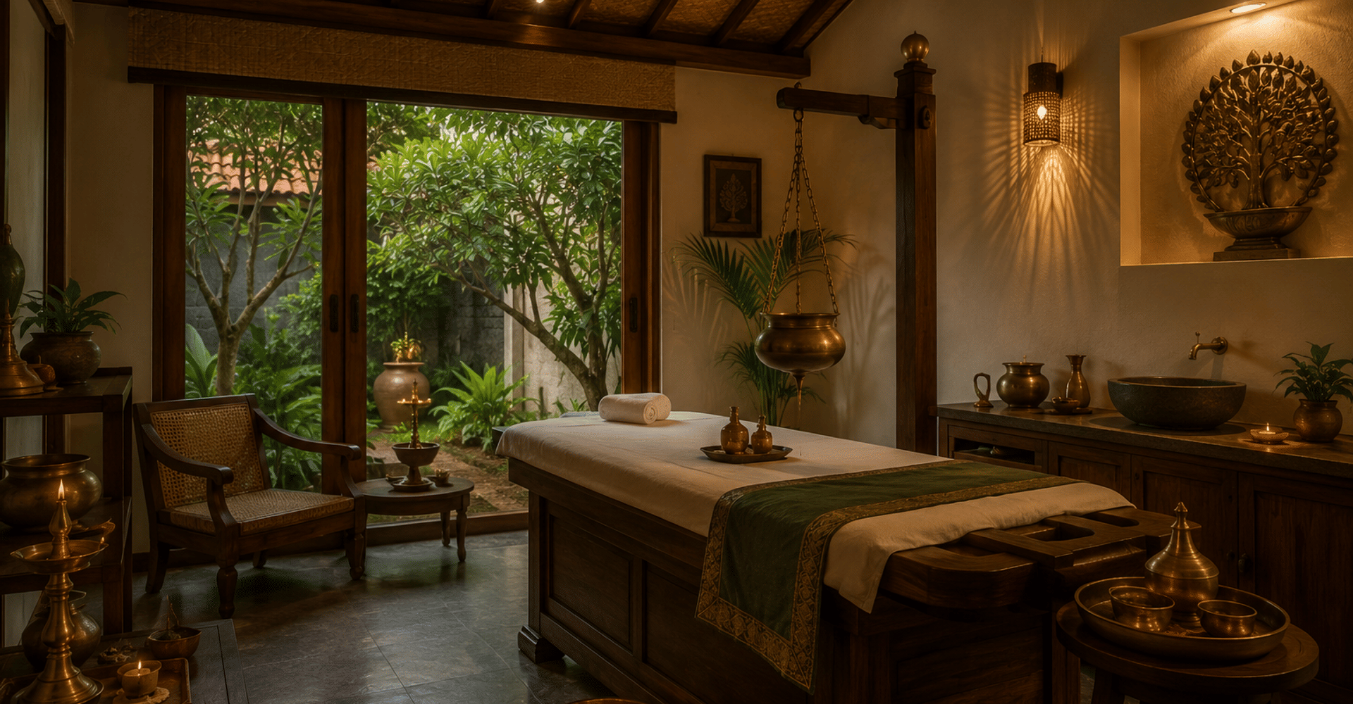 Parampara Spa treatment room with a wooden massage table, brass Kerala lamps and warm-lit heritage interiors, Sanskreti, Kumbalanghi