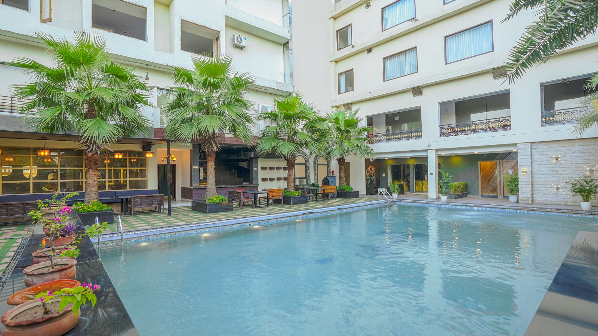 The swimming pool at Escala Hotel, set in a planted courtyard with palms along the edge and the hotel rising on the far side
