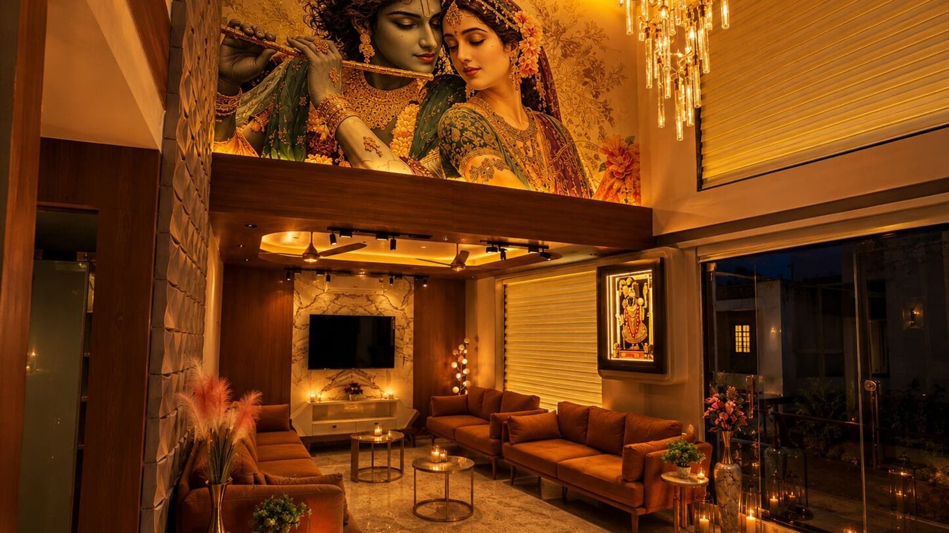 The lobby lounge at Hotel Shree Radhe By White Panda, with orange sofas and a chandelier