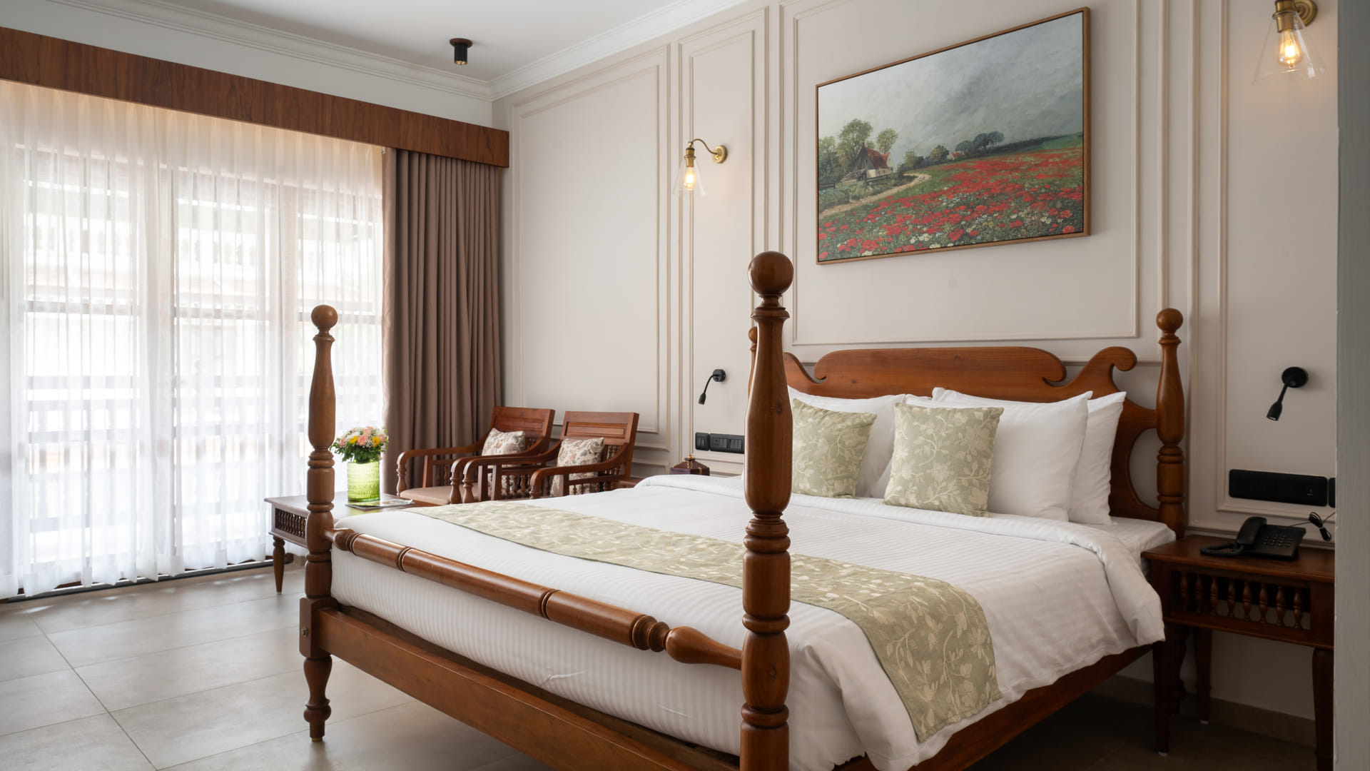 Pool View Room with a four-poster king bed, cane headboard and open balcony doors framing tropical greenery, Sanskreti