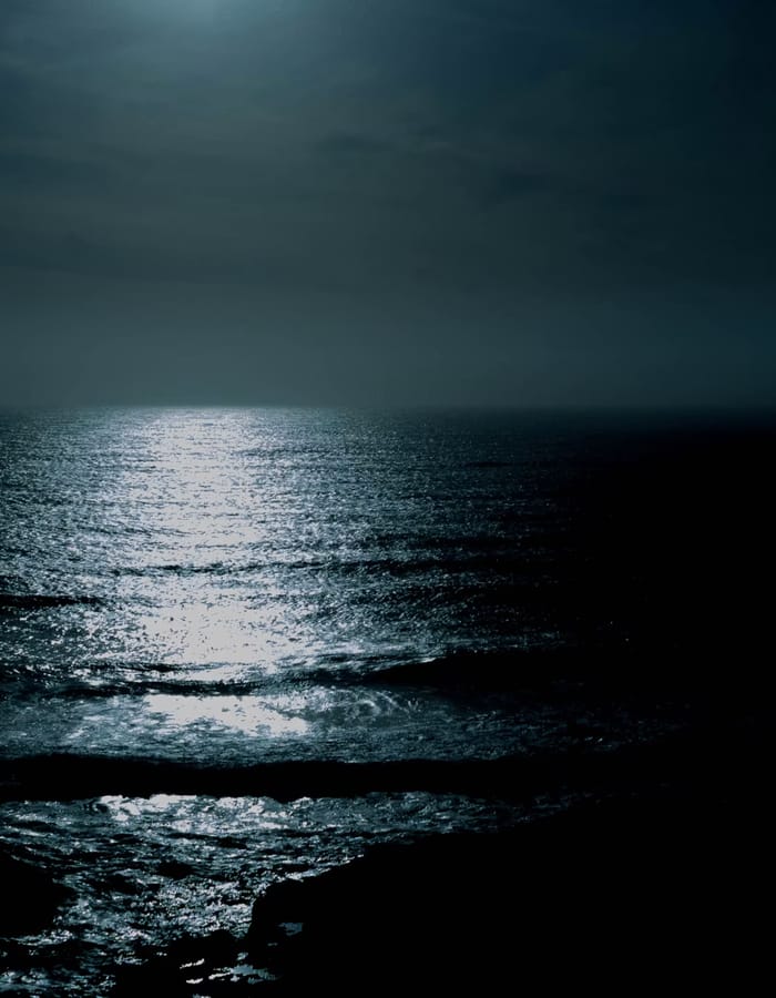 Dark Vembanad backwater at night with a faint bluish bioluminescent Kavaru glow along the ripples, Kumbalanghi