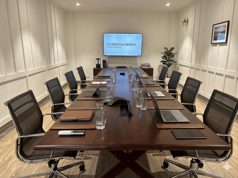Sabha executive boardroom at Sanskreti with a long dark wooden conference table, black mesh chairs, place settings and a wall-mounted screen