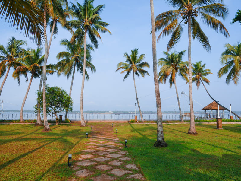 Open Lakeside Lawn at Sanskreti lined with coconut palms leading to the Vembanad Lake shore, an event lawn