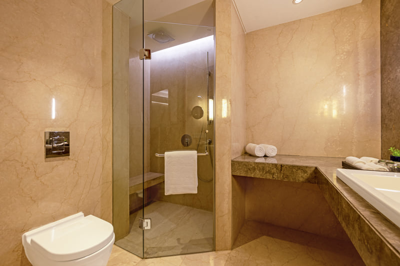 Deluxe Room bathroom with walk-in shower at The Anya Hotel, Gurugram