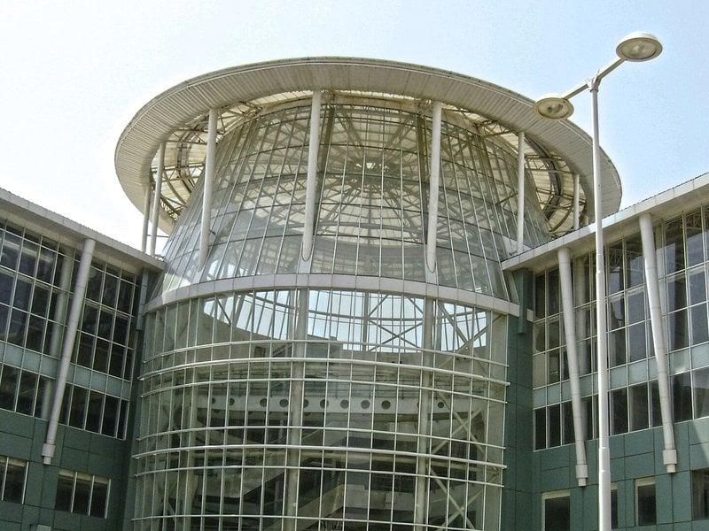 Glass-fronted shopping mall entrance