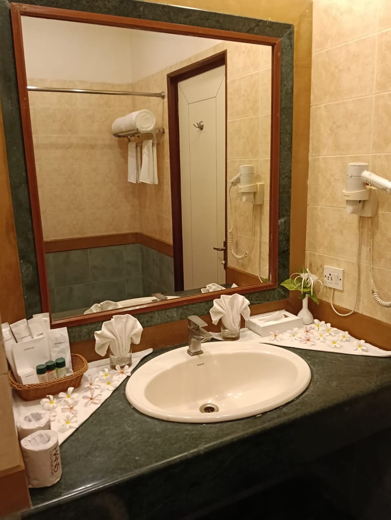 Deluxe garden-view room bathroom detail at The Hans Coco Palms, Puri