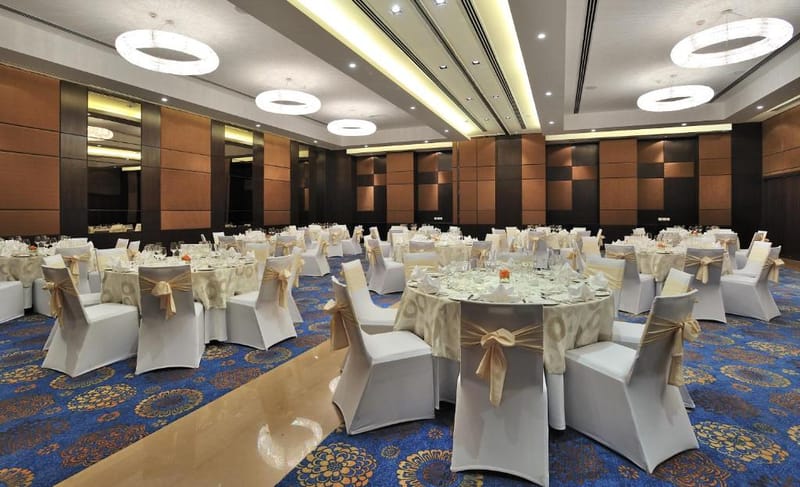 A banquet hall set for a celebration