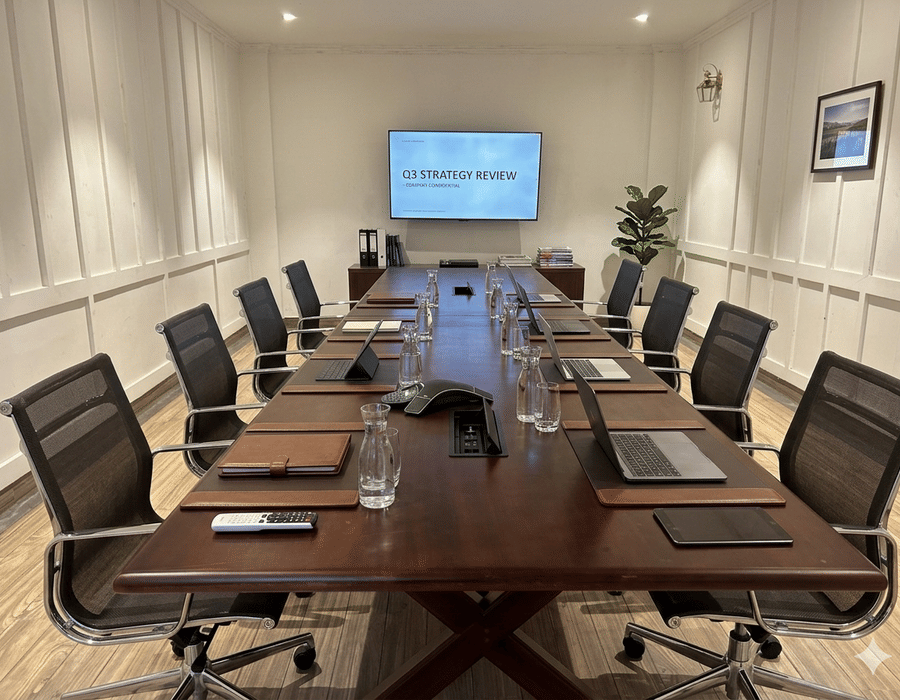 Sabha executive boardroom at Sanskreti with a long dark wooden conference table, black mesh chairs, place settings and a wall-mounted screen