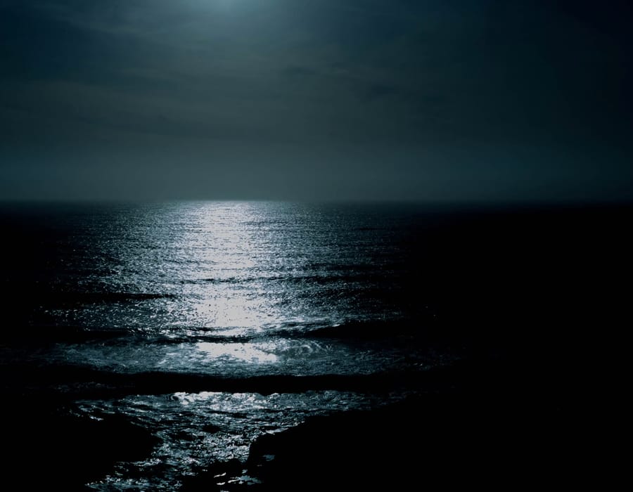 Dark backwater at night with faint blue-green bioluminescent glow on the water surface — Kavaru phenomenon, Kumbalanghi, Kochi