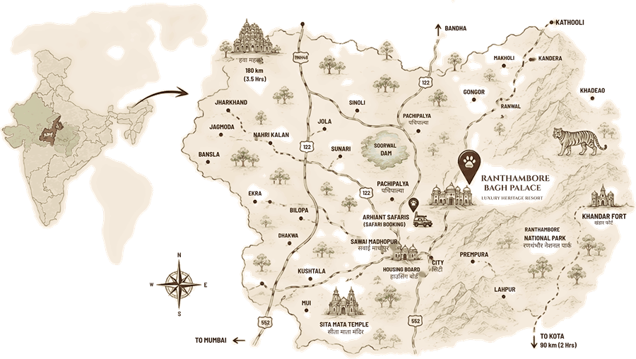 Illustrated map of Ranthambhore Bagh Palace and the roads around Sawai Madhopur