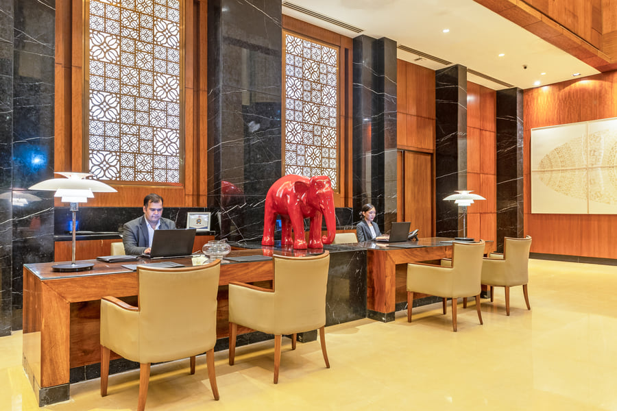 Colleagues collaborating in a hotel setting