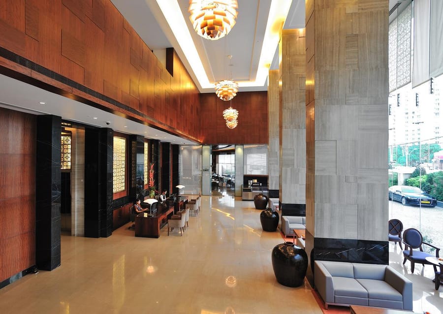The lobby lounge at The Anya Hotel, Gurugram