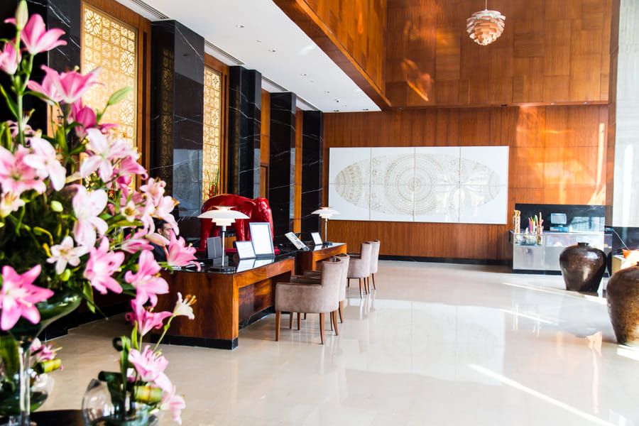 The grand lobby at The Anya Hotel, Gurugram