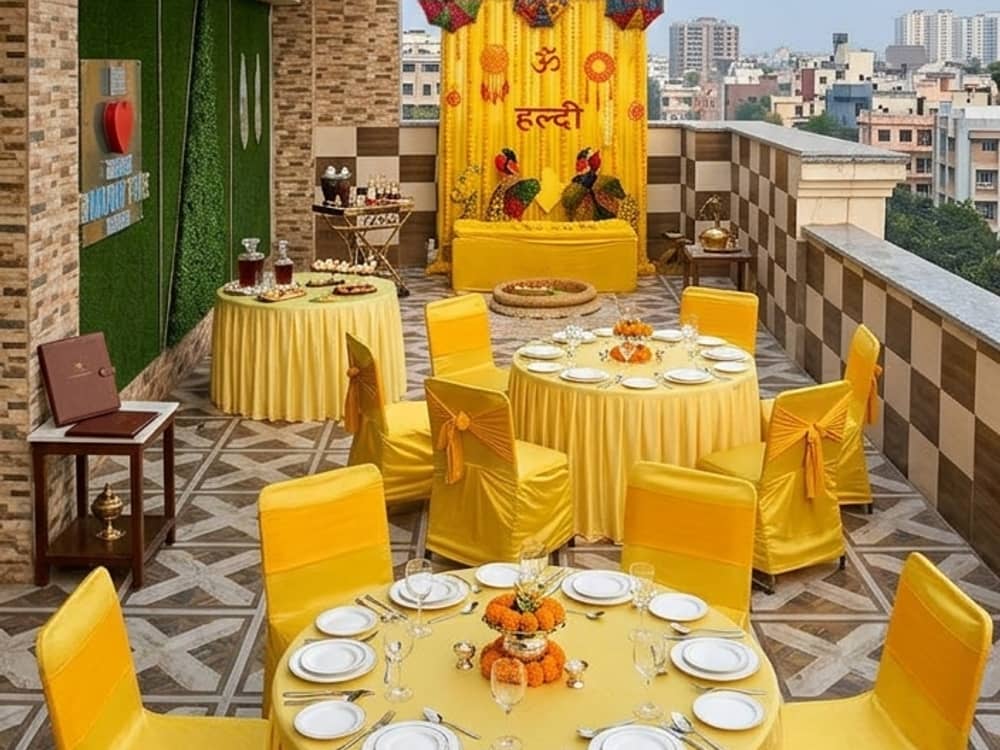 Round tables in yellow linen set for a function on the open terrace, with the city skyline beyond