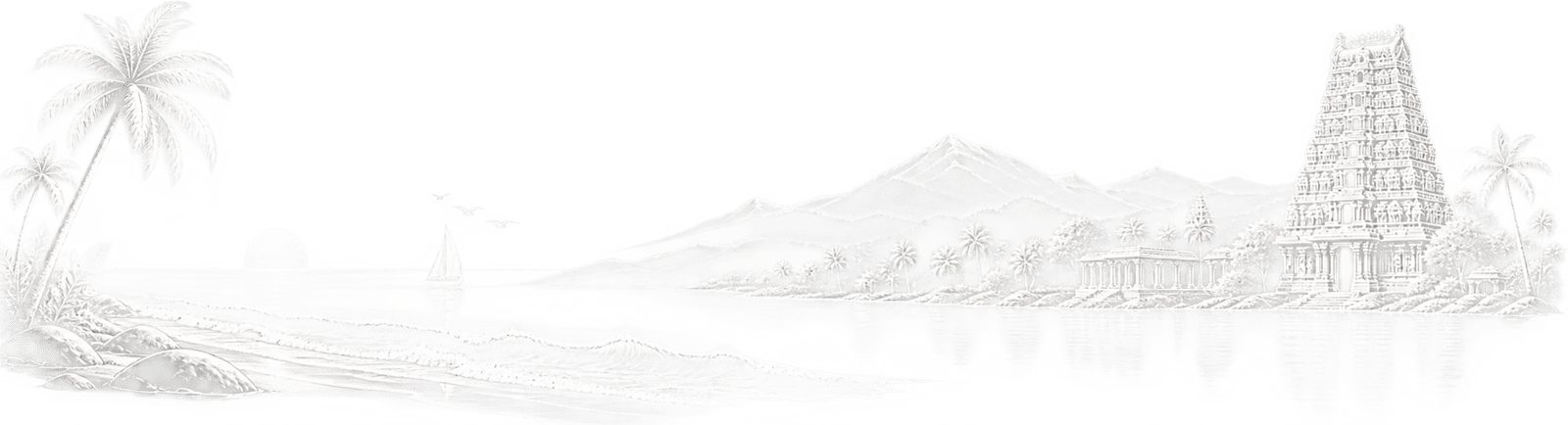 Illustration of the southern coast with palms, hills and a temple gopuram above the water