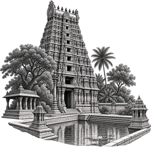 Illustration of a South Indian temple tank with a gopuram rising behind it