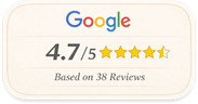 Badge showing the Google logo with a rating of 4.7 out of 5 stars based on 38 reviews.