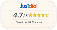 Badge showing the Justdial logo with a rating of 4.7 out of 5 stars based on 38 reviews.