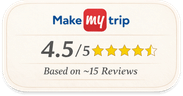 Badge showing the MakeMyTrip logo with a rating of 4.5 out of 5 stars based on approximately 15 reviews.