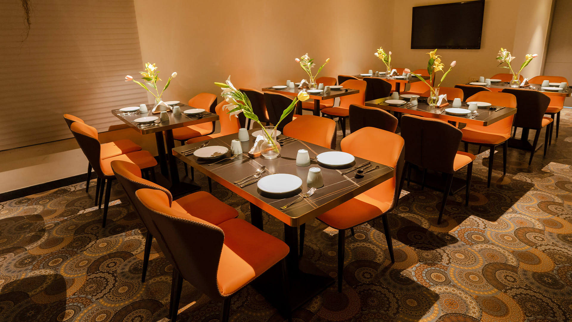 Dining hall with orange and brown chairs, a wall-mounted television, and a hanging fern