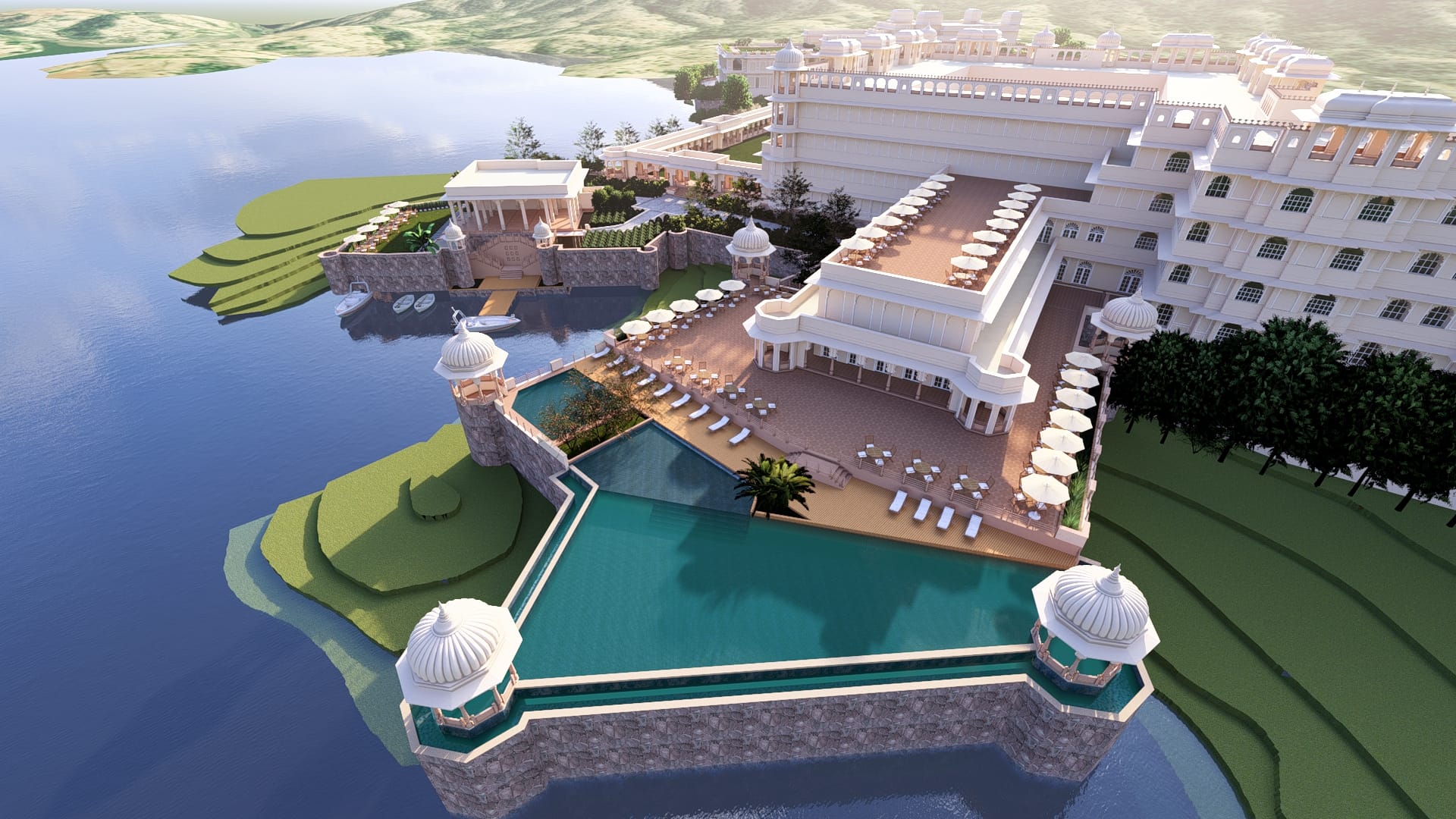 Corporate Retreats and MICE — aerial view of the resort pool deck and lakefront