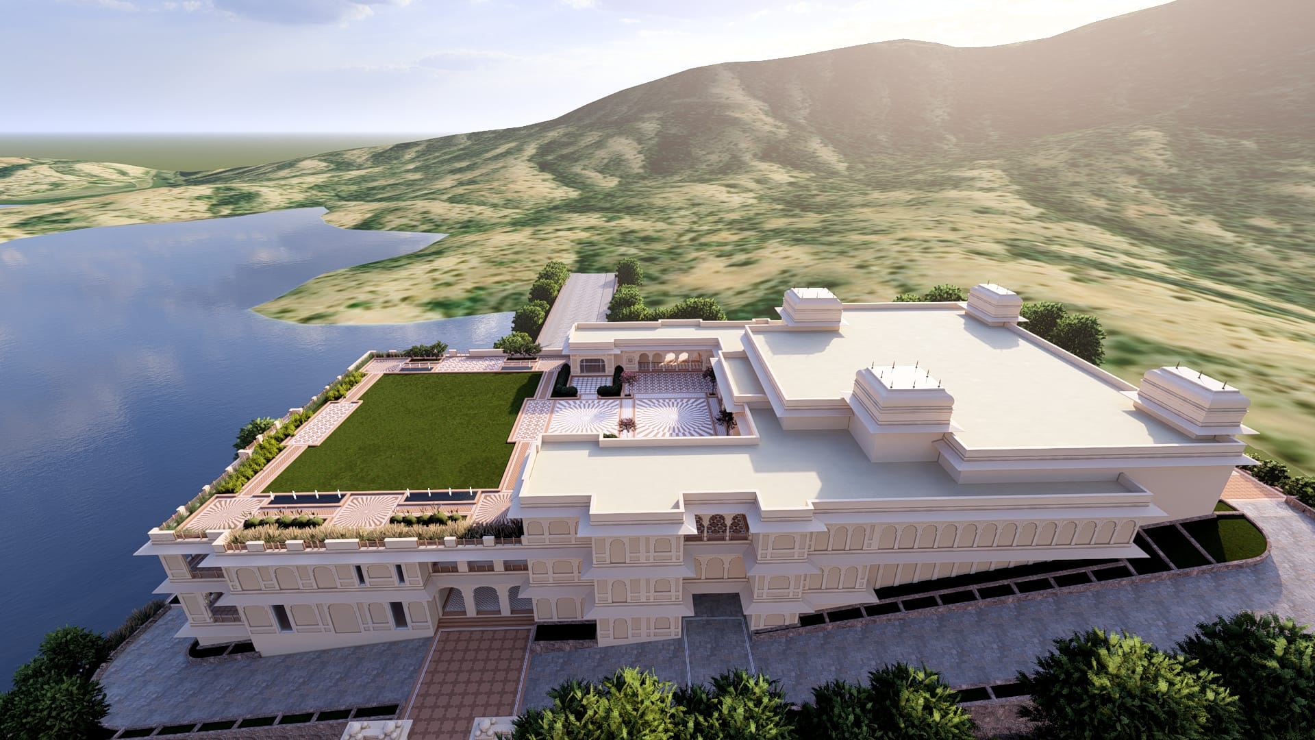 Aerial view of the rooftop courtyard, lawn and lake beyond