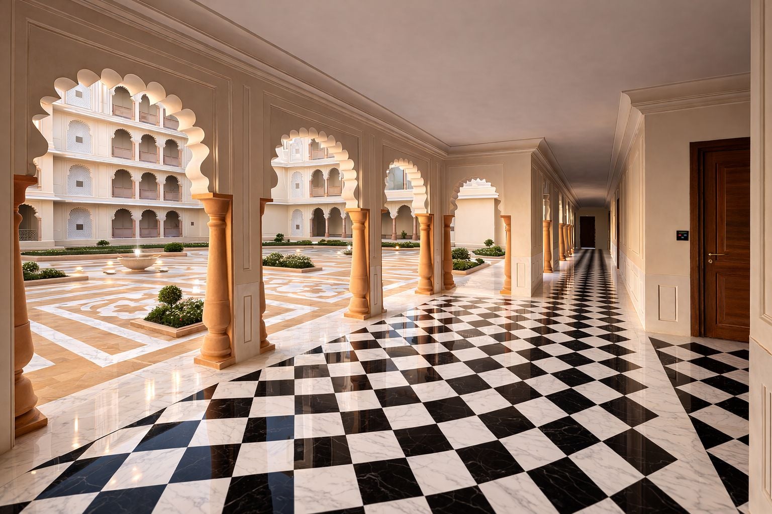 Arched colonnade courtyard with a checkered marble walkway at Kingsbury
